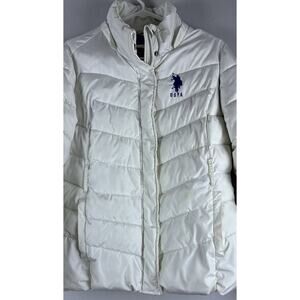 US Polo Association White Sz L Puffer Full Zip Snap blue Embroidered Pony Coat